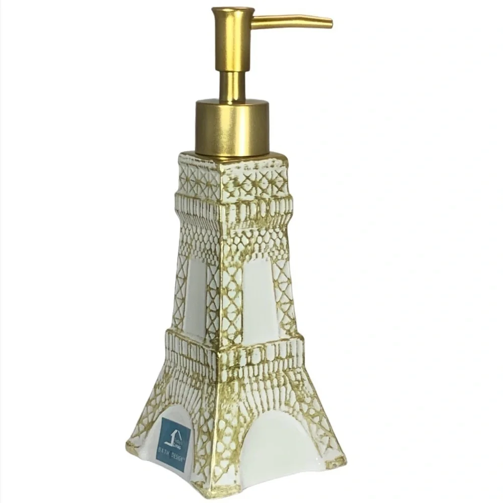 Eiffel Tower Soap Lotion Dispenser Pump Ceramic Satin Gold White